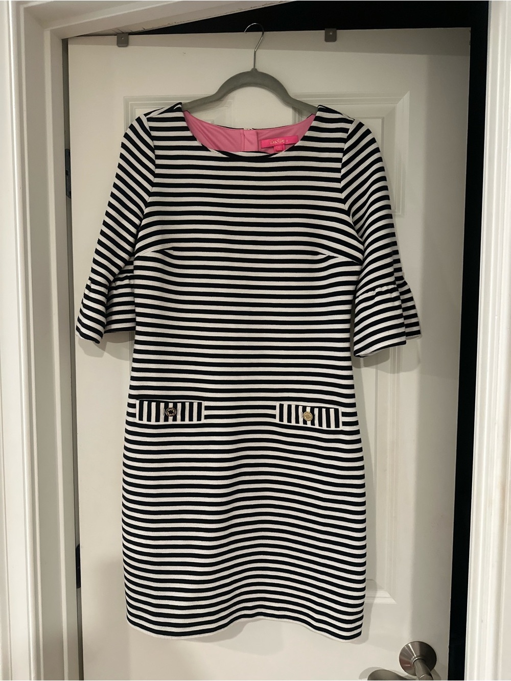 Lilly Pulitzer Black & White Striped Dress with Pink Trim